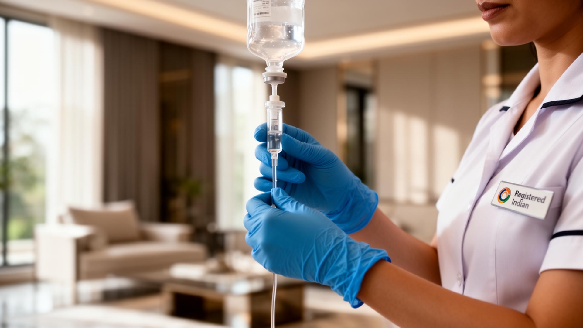 Registered Indian nurse preparing a sterile IV drip in a luxury home setting